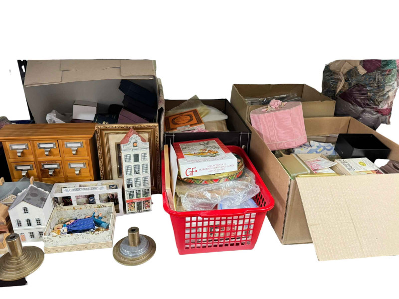 Full shelf of dolls house furnishings, accessories, decoration and fabrics, etc.