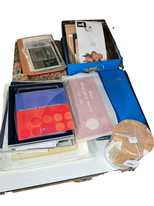 Stamp albums, first day covers, coins and bank notes, etc.