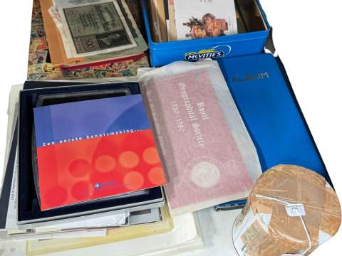 Stamp albums, first day covers, coins and bank notes, etc.