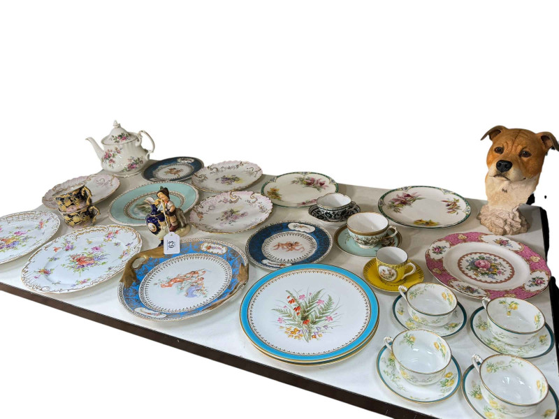 Collection of Continental pottery plates, small Coalport jug, cabinet cups and saucers, etc.