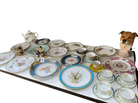Collection of Continental pottery plates, small Coalport jug, cabinet...
