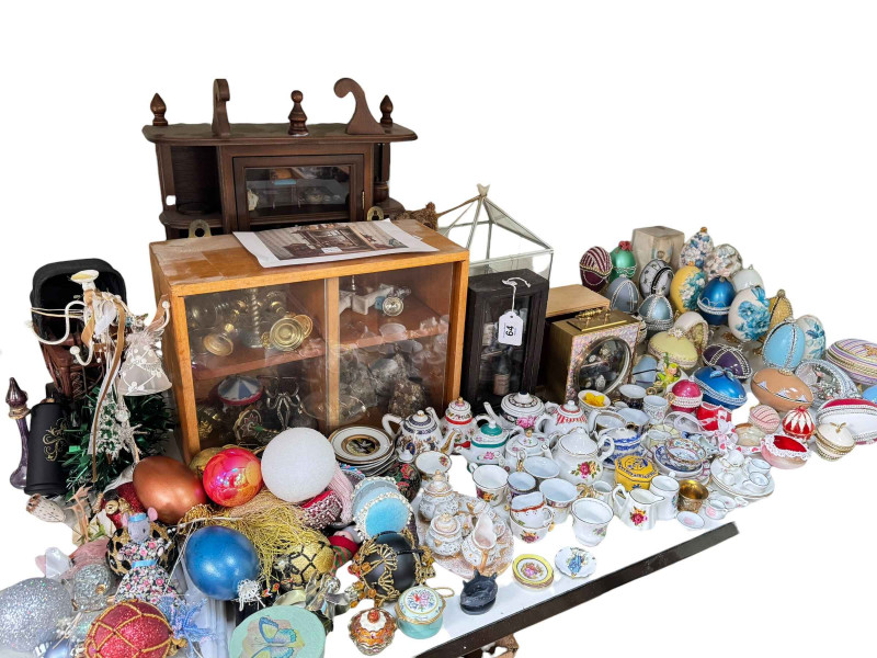 Collection of dolls and miniature teawares, decorated eggs on stands, dolls furniture and accessories, and minerals, etc.