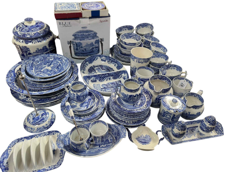Good collection of Spode 'Italian' tableware including cups, saucers and plates, biscuit barrel, serving dish, etc.