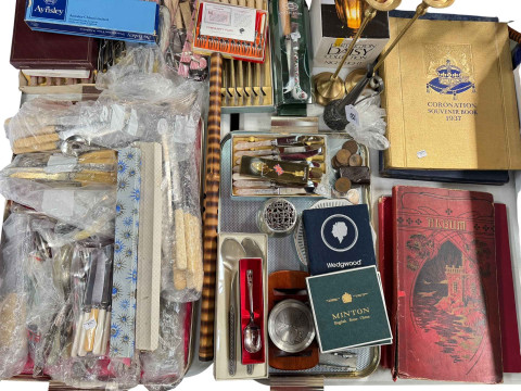 Collection of assorted cutlery, two coronation books, album of postcards,...