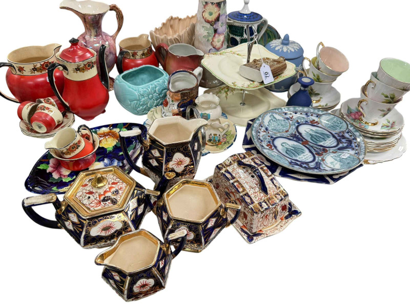 Wedgwood jasper lidded jar and vase, Maling vase and dish, Sylvac flower vase and various other china.