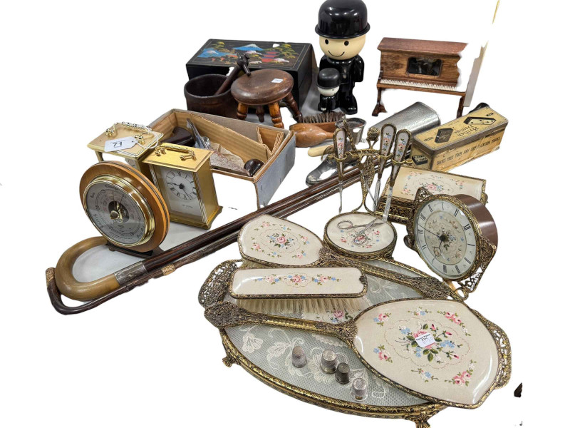 Petit Point dressing table wares, two walking sticks (one with silver collar), Guardsman wood plane, clocks, etc.