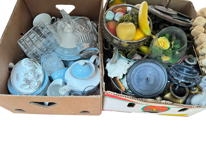 Five boxes of assorted glass and china, Royal Doulton Reflection dinnerware, barbola mirror, cutlery, etc.
