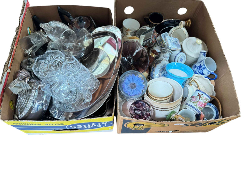 Five boxes of assorted glass and china, Royal Doulton Reflection dinnerware, barbola mirror, cutlery, etc.