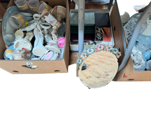 Five boxes of assorted glass and china, Royal Doulton Reflection dinnerware, barbola mirror, cutlery, etc. thumbnail