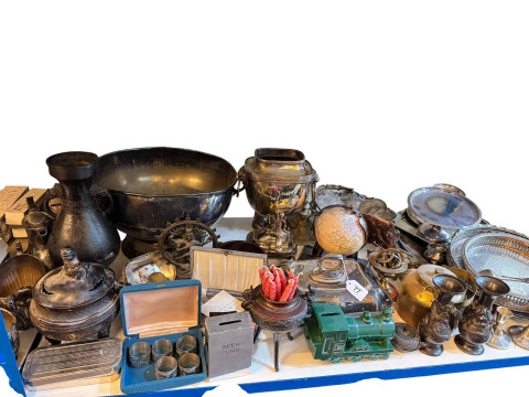 Collection of silver plate, cutlery, metalwares, three vintage telephone, treen ,etc. thumbnail
