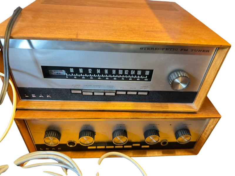 Garrard and Lenco turntables, a Leak tuner and amp, Avantic amp, Philips CD player and a pair of large Goodmans speakers.