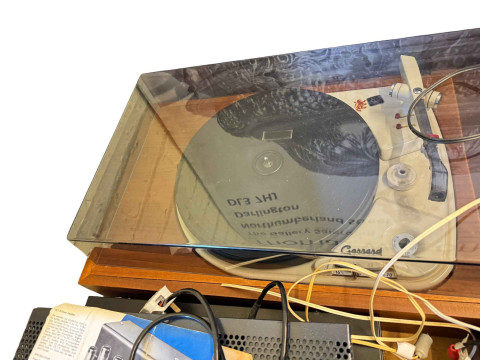 Garrard and Lenco turntables, a Leak tuner and amp, Avantic amp, Philips CD player and a pair of large Goodmans speakers. thumbnail