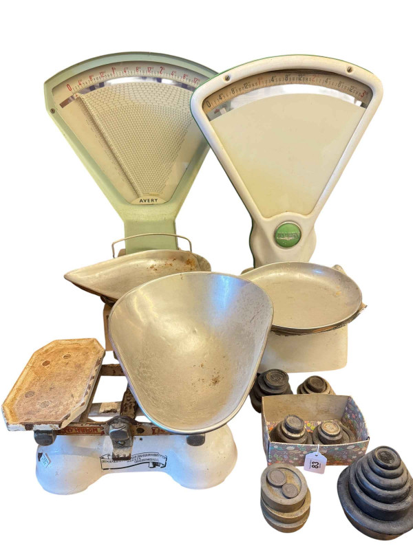 Two sets of Avery shop scales, set of Co-Operative shop scales and selection of weights.