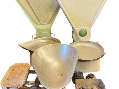 Two sets of Avery shop scales, set of Co-Operative shop scales and selection...
