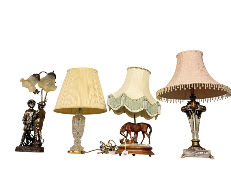 Four table lamps including two glass, Capo di Monte horse and foal, and figure lamp.