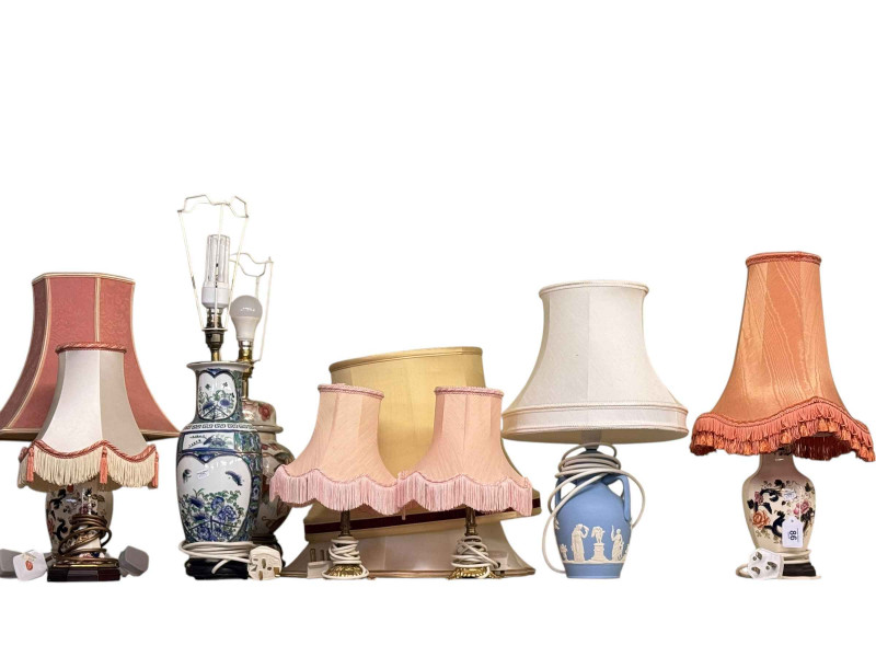 Six pottery table lamps and shades including three Masons Mandalay, blue Jasper and small pair of brass lamps.