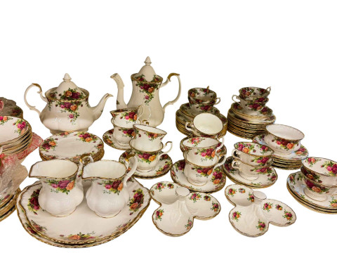 Collection of Royal Albert Country Roses dinner and teaware including two tureens, tea and coffee pot, cup, saucers and plates. thumbnail