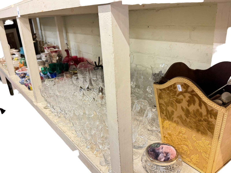 Large collection of glassware including paperweights and Victorian cranberry glass, kitchen scales, rope twist wood frame barometer, glass candlesticks, onyx eggs and assorted china.