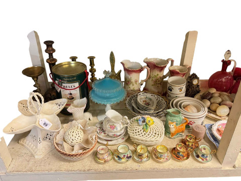 Large collection of glassware including paperweights and Victorian cranberry glass, kitchen scales, rope twist wood frame barometer, glass candlesticks, onyx eggs and assorted china. thumbnail