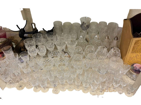 Large collection of glassware including paperweights and Victorian cranberry glass, kitchen scales, rope twist wood frame barometer, glass candlesticks, onyx eggs and assorted china. thumbnail