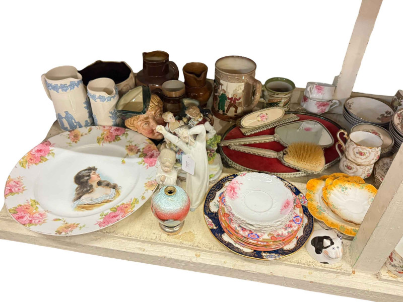 Two Lladro figures, two Royal Doulton character jugs and Oliver Twist tankard, large Rosenthal plaque and various other china, etc.