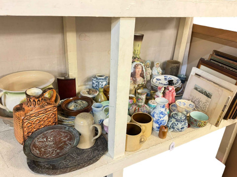 Collection of assorted china including mahogany framed pot lid, Victorian...