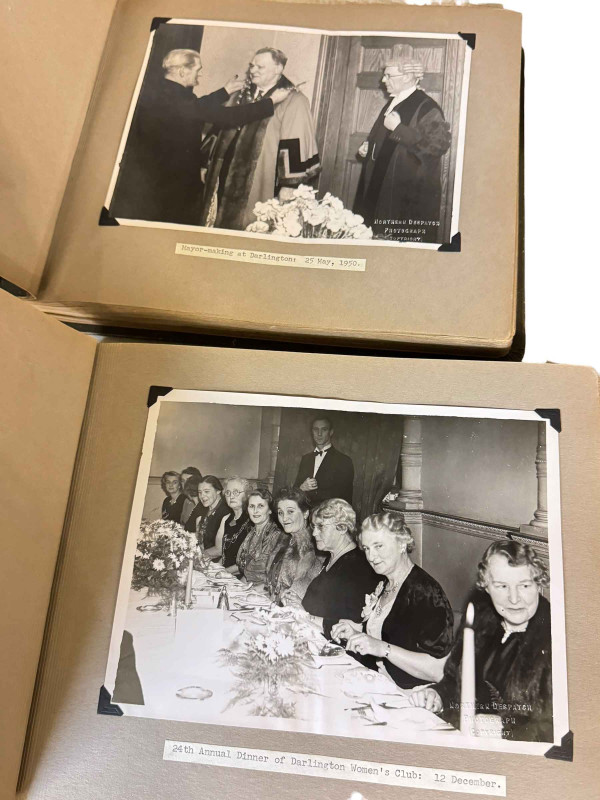 Four Lladro and one Nao figures, Sylvac rabbit and dog, tea and dinnerware, assorted glass and two volumes with photographs documenting the Mayor & Mayoress of Darlington 1950-51.