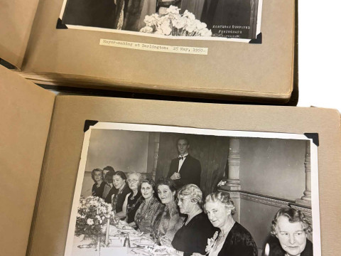 Four Lladro and one Nao figures, Sylvac rabbit and dog, tea and dinnerware, assorted glass and two volumes with photographs documenting the Mayor & Mayoress of Darlington 1950-51. thumbnail