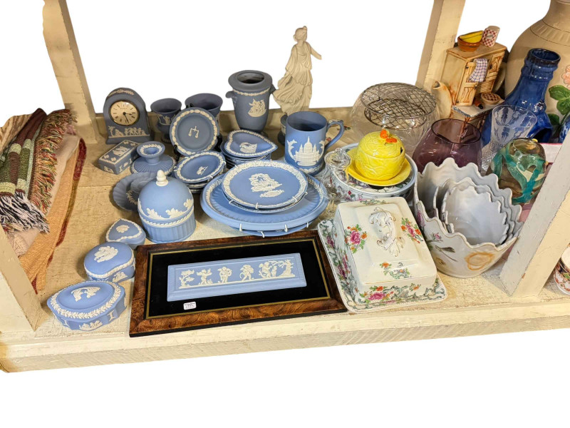 Large collection of glass and china including Wedgwood blue Jasper, prints, rug, etc.
