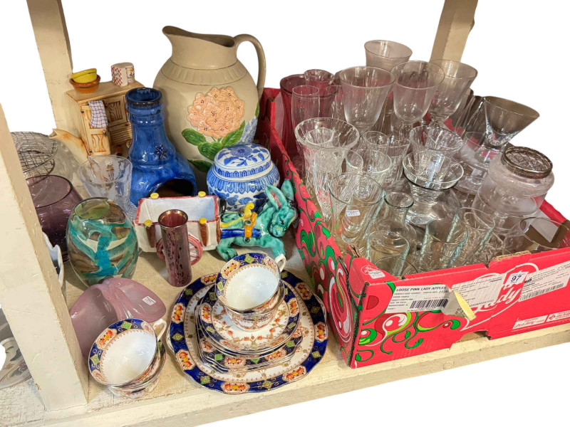 Large collection of glass and china including Wedgwood blue Jasper, prints, rug, etc.
