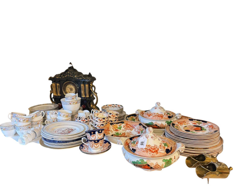 Pottery mantel clock, assorted dinner and teawares, two small brass scuttles, etc.