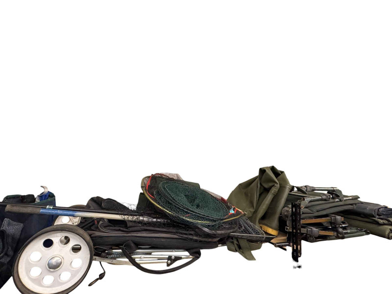 Large collection of fishing equipment including rods and reels, waders, landing and keep nets, folding chairs, trolley and accessories.