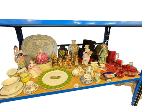 Royal Doulton and Coalport lady figures, Hummel figures, large blue and...