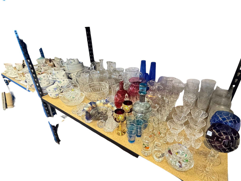 Large collection of glass and china including Doulton Blueberry tableware, Carnival glass dish, cranberry glass liqueur set, etc.