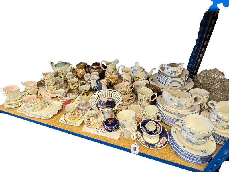 Large collection of glass and china including Doulton Blueberry tableware, Carnival glass dish, cranberry glass liqueur set, etc.
