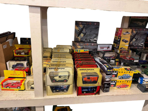 Large collection of mostly boxed model vehicles, aircraft, display stands, prints, etc. thumbnail