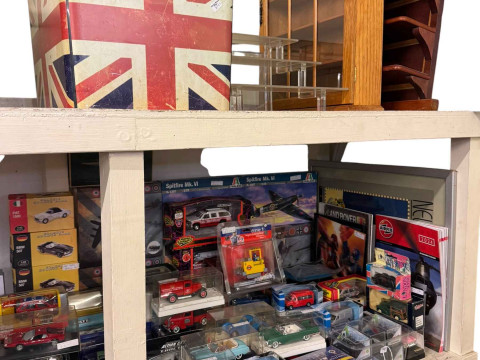 Large collection of mostly boxed model vehicles, aircraft, display stands, prints, etc. thumbnail
