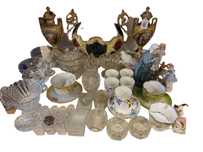 Three piece pottery garniture, Royal Doulton Good Friends figurine, mustache and other cups and saucers, glassware, etc.