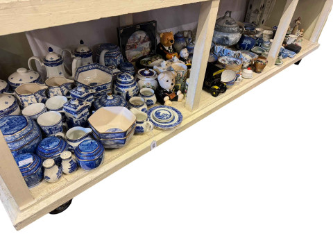 Full shelf of Ringtons, Wedgwood Jasperware, Oriental vases, large blue...