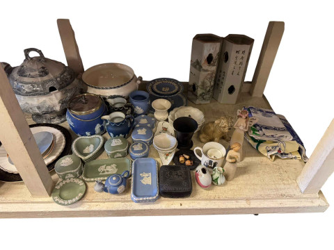 Full shelf of Ringtons, Wedgwood Jasperware, Oriental vases, large blue and white tureen and cover, etc. thumbnail