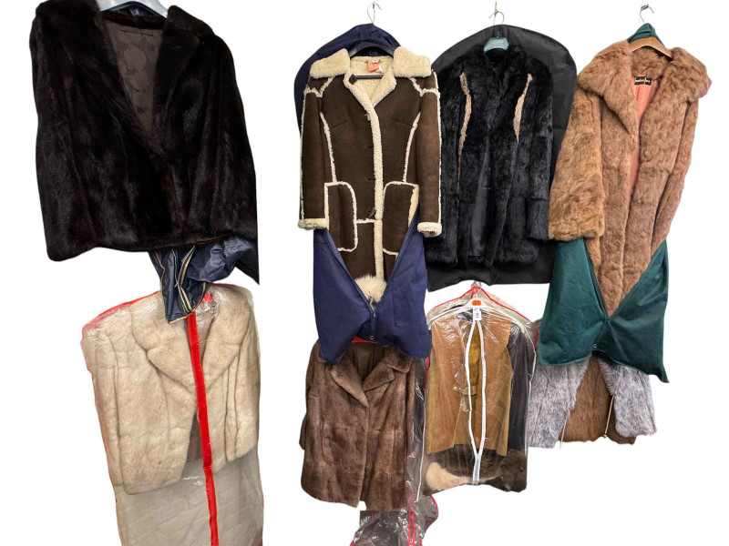 Collection of fur coats and jackets, sheep skin coat and hat, etc.