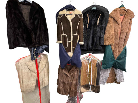 Collection of fur coats and jackets, sheep skin coat and hat, etc.