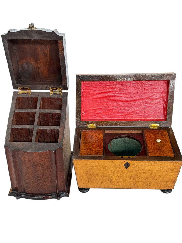 Victorian maple veneered tea caddy and a knife box (2).