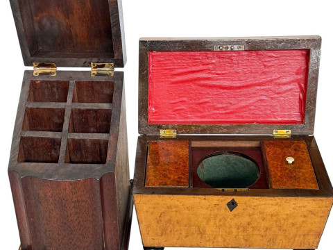 Victorian maple veneered tea caddy and a knife box (2). thumbnail