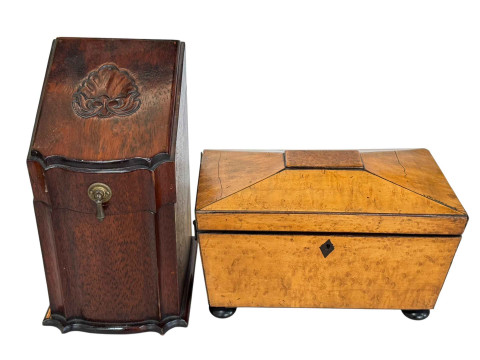 Victorian maple veneered tea caddy and a knife box (2).