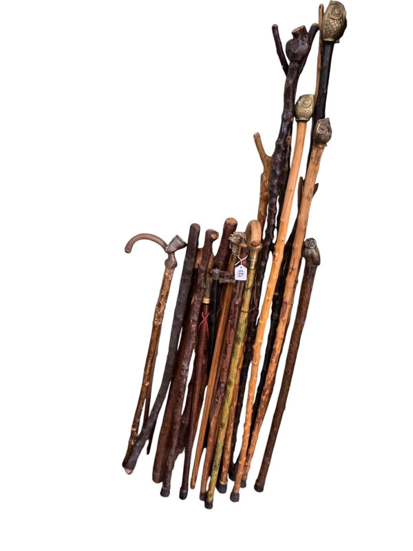 Large collection of walking sticks and staffs, sword, etc.