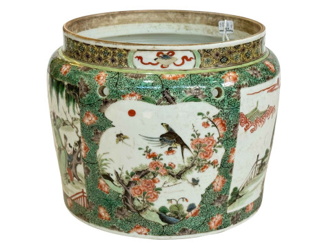 Chinese famille verte jardiniere with panels of figures and foliage, 17cm. thumbnail