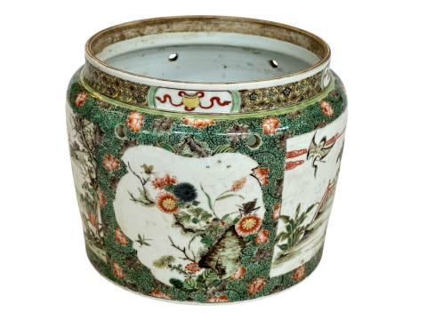 Chinese famille verte jardiniere with panels of figures and foliage, 17cm. thumbnail