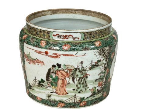 Chinese famille verte jardiniere with panels of figures and foliage, 17cm. thumbnail