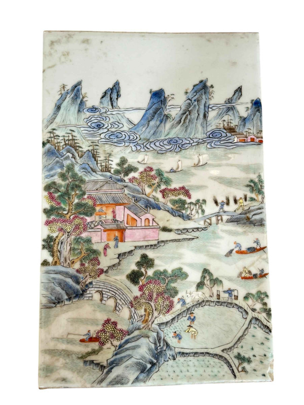 Chinese tile with extensive landscape decoration, 42cm by 27cm.